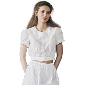 100% Cotton Peter Pan Collar Crop Tops for Women Renaissance Puff Short Sleeve Button Down Blouse in Saudi Arabia