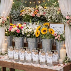 Patelai 32 Pcs Flower Bar Buckets Kit Bloom Bar Supplies Include 10" Galvanized Bucket Glass Floral Vase with Thank You Tags Ropes DIY Bloom Bars Kit for Bridal Shower Wedding Birthday Party Favors in Kuwait