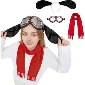 MORTICIA 3pcs Halloween Cosplay Dog Costume Accessories Set with Aviator Goggles, Black Ears Headband, Red Scarf, Cosplay Animal Theme Party and Festival Activities Dress Up Kit for Adults Women in Kuwait