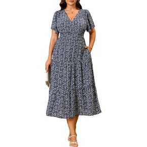 RWJ Plus Size Dresses for Women 2026 Summer Floral Short Sleeve Wrap V Neck Flowy Beach Vacation Maxi Dress with Pockets in Saudi Arabia
