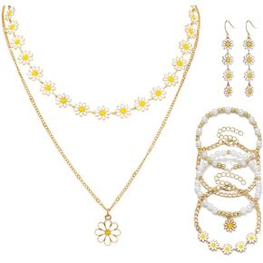 8 Piece Trendy Boho Daisy Jewelry Set for Women Gold Layered Necklace Dangle Earrings and Stackable Pearl Bracelets Cute Daisy Pearl Jewelry Summer Beach Party and Everyday Wear Ideal Gift for Her in Saudi Arabia