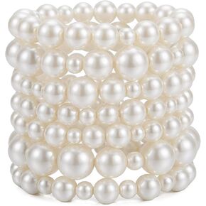 7Pcs Pearl Bracelets Set for Women, Chunky White Stretch Faux Pearl Stack Bangles, Layered Bracelet Jewelry for Wedding, Bridesmaid, Prom, Party, in Saudi Arabia
