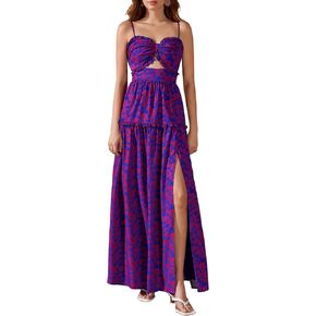 Summer Boho Floral Maxi Dress Ruffle Cutout Bow High Slit Sundress Spaghetti Strap Flowy Beach Long Dresses for Women in Saudi Arabia