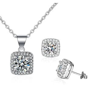 Cubic Zirconia Earring And Necklace Set For Women Trendy Square Halo Dainty Stud Earrings Necklace Set Silver in Saudi Arabia