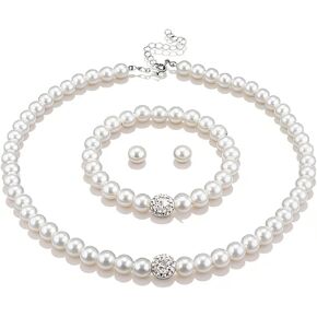 Pearl Jewelry Set for Women Rhinestone Faux Pearl Necklace and Earrings Bracelet Set White Crystal Pearl Stud Earrings Jewelry Sets Wedding Birthday Bridal Shower Jewelry Accessories in Saudi Arabia