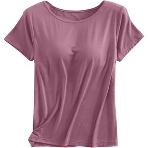 Built in Bra Tops Women Short Sleeve Workout Yoga Crewneck Basic Shirts Padded Soft Athletic Shelf Bras Blouse in Saudi Arabia