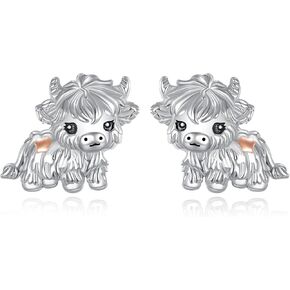 925 Sterling Silver Highland Cow Earrings Two Tone Hypoallergenic Scottish Cow Stud Earrings with Safety Screwback Animal Jewelry Gifts for Women in Saudi Arabia