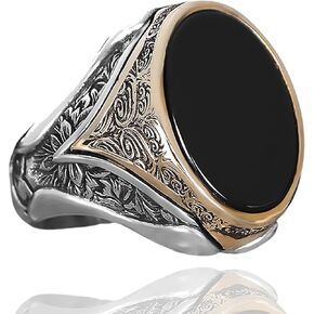 Mens Oval Black Onyx Signet Ring Premium Silver Plated Stainless Steel Vintage Engraved Statement Ring for Men in Saudi Arabia