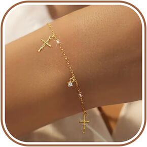 14K Gold Plated Cross Bracelet for Women Dainty 925 Sterling Silver Double Cross Cubic Zirconia Charm Link Bracelets Faith Christian Baptism Religious Jewelry Birthday Gifts to Daughter in Saudi Arabia