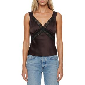 Women’s Satin Lace Trim Camisole Top, Sleeveless V Neck Fitted Cami with Lace Panel Detail in Kuwait