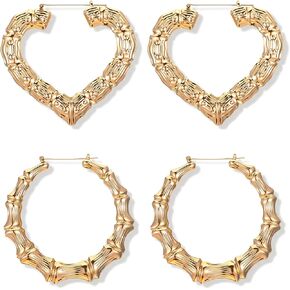 2 Pairs Gold Hoop Bamboo Earrings Set for Women 14K Gold Plated Oversized Heart & Round Chunky Earrings 90s Y2K Retro Hip Hop Fashion Jewelry Gifts in Saudi Arabia
