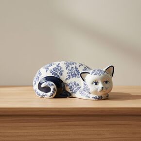 Ceramic Chinoiserie Cat Sculpture for Home Decor - Chic Ornaments for Bathroom, Office, Room and Living Room Display Styling - Sculptural Figurine for Shelf or Coffee Table Decor - 4", Blue & White in Saudi Arabia