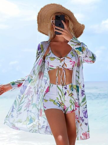 Women's 3-Piece Swimwear Set - Floral Print Bikini with Drawstring Top and Sheer Cover-Up in Kuwait