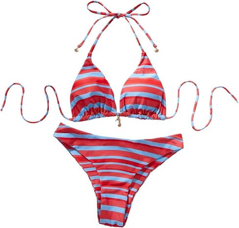 Floerns Women's 2 Piece Bikini Sets Striped Triangle Halter Swimsuit Low Rise Cheeky Bathing Suit in Kuwait
