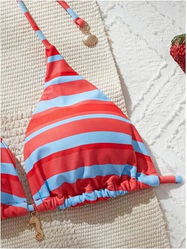 Floerns Women's 2 Piece Bikini Sets Striped Triangle Halter Swimsuit Low Rise Cheeky Bathing Suit in Kuwait