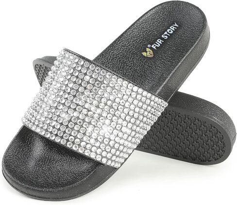 Fur Story Womens Slides House Slippers Rhinestone Glitter Slides Cute bling Flat for Women Platform Sandals Cozy Bedroom Slippers Shower Shoes in Saudi Arabia