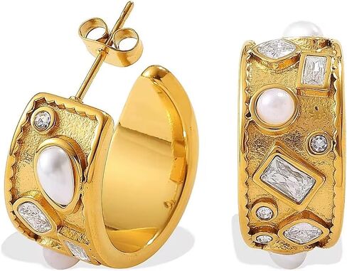 18K Gold Plated Stainless Steel Vintage Pearl and Zircon Geometric Hoop Earrings Women's Jewelry Gift Nickel Free Hypoallergenic in Saudi Arabia