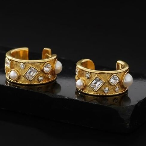 18K Gold Plated Stainless Steel Vintage Pearl and Zircon Geometric Hoop Earrings Women's Jewelry Gift Nickel Free Hypoallergenic in Saudi Arabia