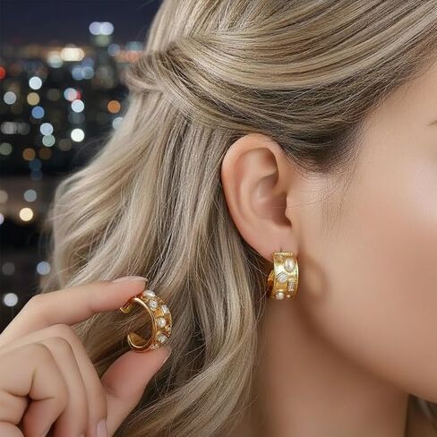 18K Gold Plated Stainless Steel Vintage Pearl and Zircon Geometric Hoop Earrings Women's Jewelry Gift Nickel Free Hypoallergenic in Saudi Arabia