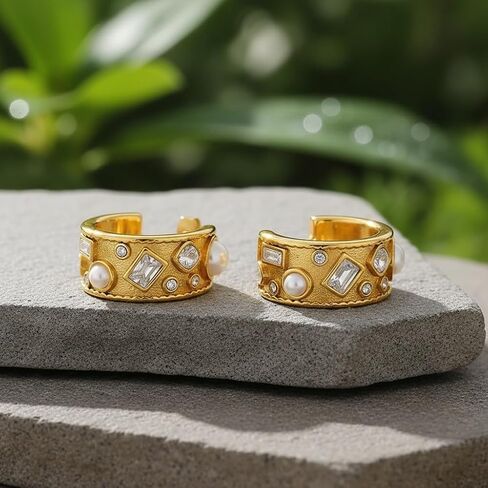 18K Gold Plated Stainless Steel Vintage Pearl and Zircon Geometric Hoop Earrings Women's Jewelry Gift Nickel Free Hypoallergenic in Saudi Arabia