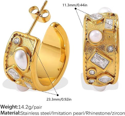 18K Gold Plated Stainless Steel Vintage Pearl and Zircon Geometric Hoop Earrings Women's Jewelry Gift Nickel Free Hypoallergenic in Saudi Arabia