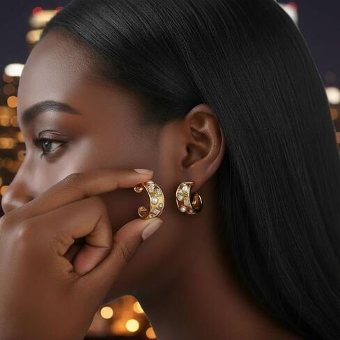 18K Gold Plated Stainless Steel Vintage Pearl and Zircon Geometric Hoop Earrings Women's Jewelry Gift Nickel Free Hypoallergenic in Saudi Arabia