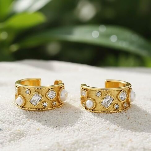 18K Gold Plated Stainless Steel Vintage Pearl and Zircon Geometric Hoop Earrings Women's Jewelry Gift Nickel Free Hypoallergenic in Saudi Arabia