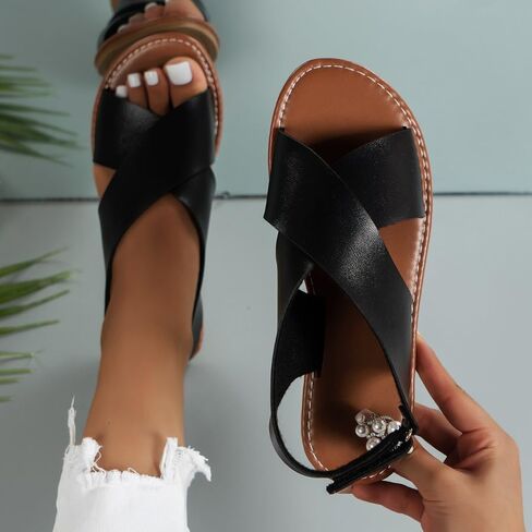 Women's Retro Crisscross Band Flat Sandals, Wide Strap Open Toe Slip On Beach Slide Casual Summer Shoes in Kuwait