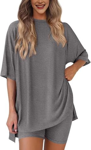 Women's Two Piece Lounge Set Sleeve Shirts and Shorts Casual Oversized Summer Pajama Set Travel Airport Outfit in Kuwait