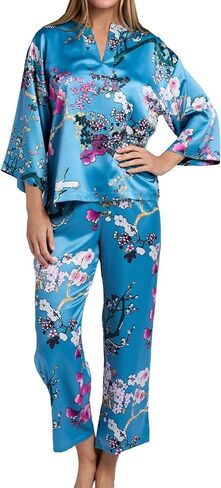 N Natori حريمي Sakura-Satin Mandarin Collar PJ طول 25 بوصة درزة داخلية 26، أزرق، كبير in Kuwait