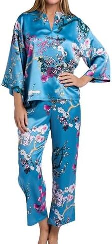 N Natori حريمي Sakura-Satin Mandarin Collar PJ طول 25 بوصة درزة داخلية 26، أزرق، كبير in Kuwait