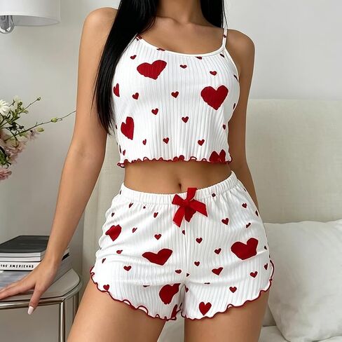 Women's Heart Print Pajama Set Cute 2 Piece Ribbed Knit Sleepwear Set White Cami Crop Top and Ruffle Trim Shorts Loungewear in Kuwait