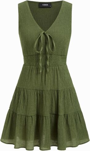 CIDER Women's Summer Mini Dress Sleeveless V Neck Bow Tie Tiered Boho Tank Sundress Casual Beach Vacation Outfits in Kuwait