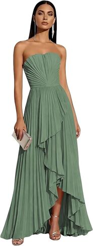 YOFF Satin Bridesmaid Dresses Long for Women Hi-Lo Pleated Strapless Formal Evening Dress FF038 in Saudi Arabia
