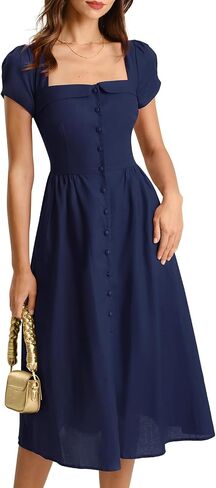 RIHOAS Elegant Casual Dresses for Women Short Sleeve Puff Square Neck A-Line Botton Up Midi Dress in Kuwait