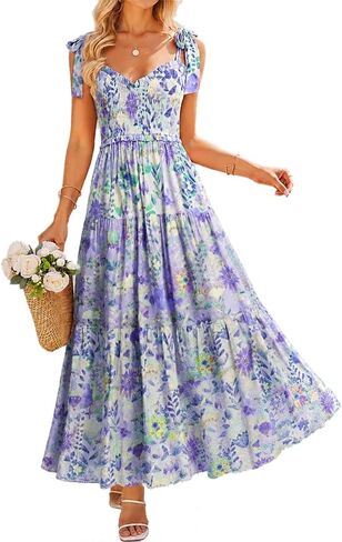 Women Floral Maxi Dress Tie Shoulder Smocked Patchwork Tiered A Line Flowy Y2K Boho Vacation Sundress with Pockets in Saudi Arabia