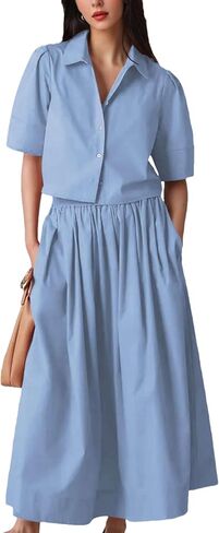 Wanzetaly Womens 2 Piece Outfits Summer Skirt Set Button Short Sleeve Tops and Maxi Skirt Dress Sets with Pockets in Kuwait