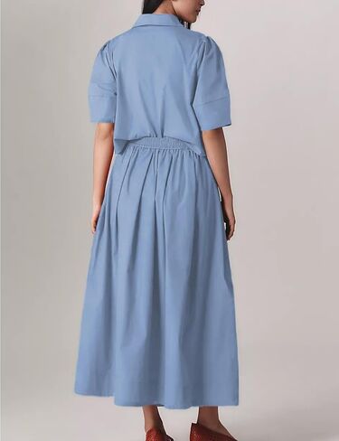 Wanzetaly Womens 2 Piece Outfits Summer Skirt Set Button Short Sleeve Tops and Maxi Skirt Dress Sets with Pockets in Kuwait
