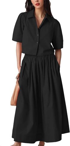 Wanzetaly Womens 2 Piece Outfits Summer Skirt Set Button Short Sleeve Tops and Maxi Skirt Dress Sets with Pockets in Kuwait