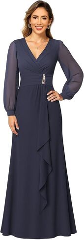 Long Sleeve Chiffon Mother of Bride Dresses with Pleates Maxi Formal Evening Dress ZU014 in Saudi Arabia