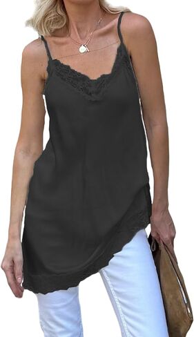 Women Lace Trim Satin Cami Top Y2k Spaghetti Strap Silk Asymmetrical Tops Patchwork Silky Layering Camisole Tops in Saudi Arabia
