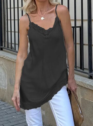 Women Lace Trim Satin Cami Top Y2k Spaghetti Strap Silk Asymmetrical Tops Patchwork Silky Layering Camisole Tops in Saudi Arabia