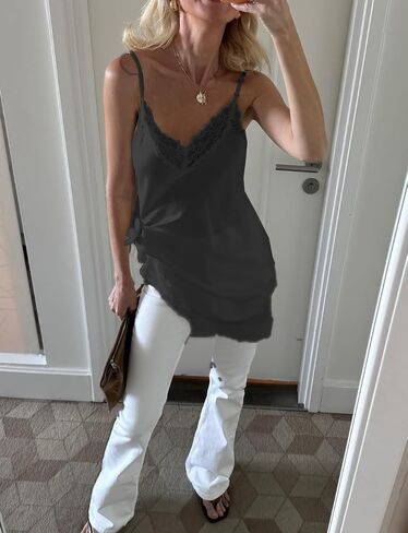 Women Lace Trim Satin Cami Top Y2k Spaghetti Strap Silk Asymmetrical Tops Patchwork Silky Layering Camisole Tops in Saudi Arabia