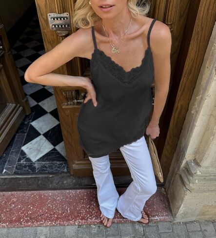 Women Lace Trim Satin Cami Top Y2k Spaghetti Strap Silk Asymmetrical Tops Patchwork Silky Layering Camisole Tops in Saudi Arabia