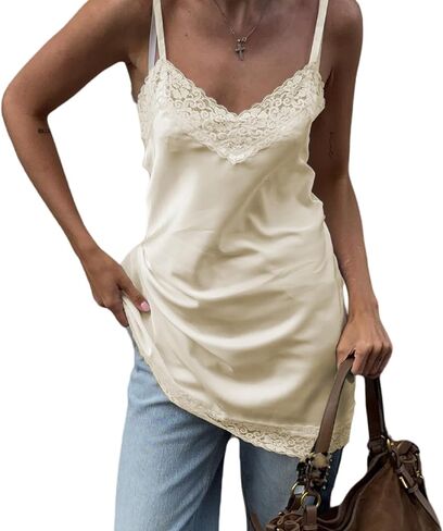 Women Lace Trim Satin Cami Top Y2k Spaghetti Strap Silk Asymmetrical Tops Patchwork Silky Layering Camisole Tops in Saudi Arabia