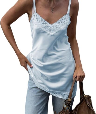 Women Lace Trim Satin Cami Top Y2k Spaghetti Strap Silk Asymmetrical Tops Patchwork Silky Layering Camisole Tops in Saudi Arabia