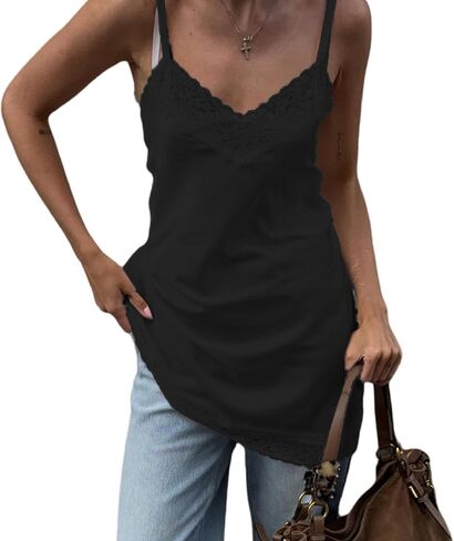 Women Lace Trim Satin Cami Top Y2k Spaghetti Strap Silk Asymmetrical Tops Patchwork Silky Layering Camisole Tops in Saudi Arabia