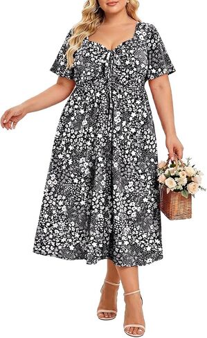 CARCOS Plus Size Dresses for Curvy Women Tie Sweetheart Neck Summer Maxi Dress Short Sleeve Empire Waist Floral Boho Dress in Saudi Arabia