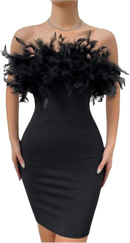 WDIRARA Women's Feather Tube Dress Cocktail Party Strapless Bodycon Mini Dresses in Kuwait