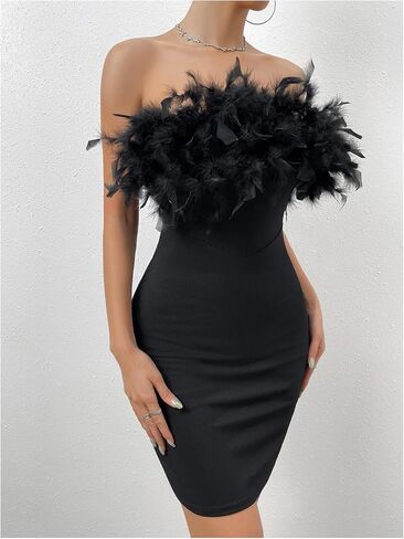 WDIRARA Women's Feather Tube Dress Cocktail Party Strapless Bodycon Mini Dresses in Kuwait
